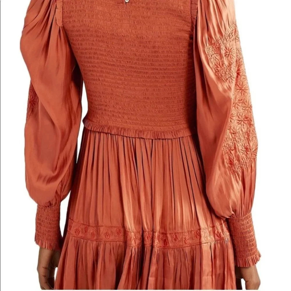 Ulla Johnson‎ Angelica Mini Dress Orange Rust 2 Smocked Embroidered Turtleneck - Picture 4 of 14